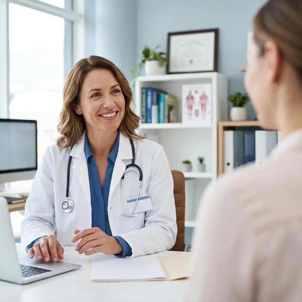 A female physician looking to the right while listening to a patient in a modern medical practice.