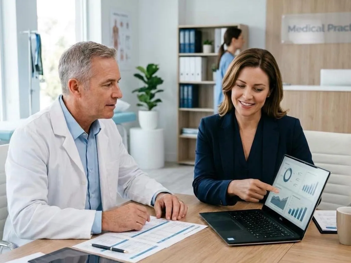 A physician and an RCM advisor reviewing billing performance together.
